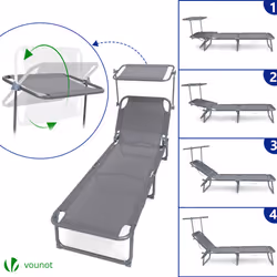 VOUNOT Textilene Folding Sun Loungers Set of 2 with Backrest & Sunshade, Grey