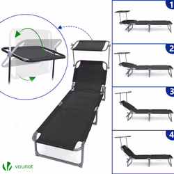 VOUNOT Textilene Folding Sun Loungers Set of 2 with Backrest & Sunshade, Black