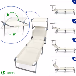 VOUNOT Textilene Folding Sun Loungers Set of 2 with Backrest & Sunshade, Beige