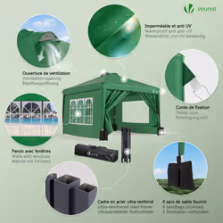 VOUNOT 3x3m Pop Up Gazebo with Sides, Central Lock System & 4 Weight Bags, Green - Additional view 5