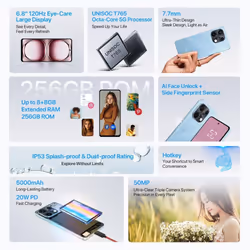 UMIDIGI Note 100 5G Cell Phone Android 14 UNISOC T765,6/8GB RAM,128/256GB ROM,6.8" 120Hz HD+ 50MP Smartphone - blue, 6GB 128GB
