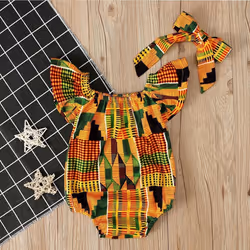 With Hairband Cute Baby Kids Girls Clothing African Boho Style Printed Long Rompers Jumpsuit - 6-12months