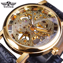 Winner Transparent Golden Case Luxury Casual Design Brown Leather Strap Mens Watches Top Brand Luxury Mechanical Skeleton Wat ...