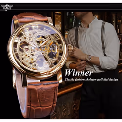 Winner Transparent Golden Case Luxury Casual Design Brown Leather Strap Mens Watches Top Brand Luxury Mechanical Skeleton Watch - black,gold