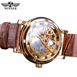 Winner Transparent Golden Case Luxury Casual Design Brown Leather Strap Mens Watches Top Brand Luxury Mechanical Skeleton Watch - black,gold