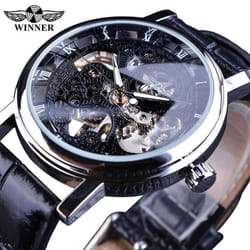 Winner Transparent Golden Case Luxury Casual Design Brown Leather Strap Mens Watches Top Brand Luxury Mechanical Skeleton Watch - grey