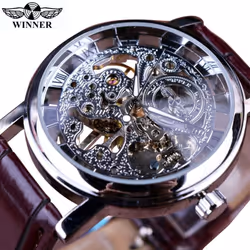 Winner Transparent Golden Case Luxury Casual Design Brown Leather Strap Mens Watches Top Brand Luxury Mechanical Skeleton Wat ...
