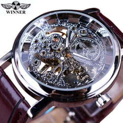 Winner Transparent Golden Case Luxury Casual Design Brown Leather Strap Mens Watches Top Brand Luxury Mechanical Skeleton Watch - ivory