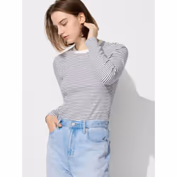 Uniqlo Japan SofT Rib Border Crew Neck T Long Sleeve - 01 OFF WHITE/XXL