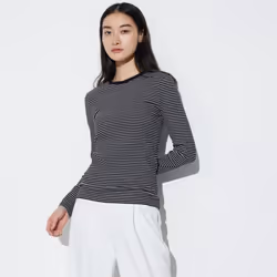 Uniqlo Japan SofT Rib Border Crew Neck T  Long Sleeve - 01 OFF WHITE/XXL
