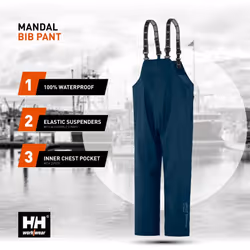 Helly-Hansen Workwear Mandal Waterproof Bib Overalls for Men Made of Durable PVC-Coated Polyester  Breathable and Adjustable  Classic Navy - S