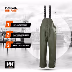 Helly-Hansen Workwear Mandal Waterproof Bib Overalls for Men Made of Durable PVC-Coated Polyester  Breathable and Adjustable  Army Green - 6XL