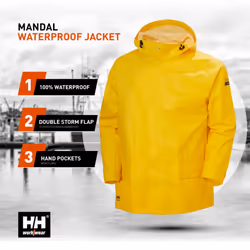 Helly-Hansen Workwear Mandal Adjustable Waterproof Jackets for Men - Heavy Duty Comfortable PVC-Coated Protective Rain Coat  Light Yellow - M