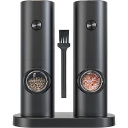 Electric Salt and Pepper Grinder Sets,Pepper Grinder with Base,Small Brush,LED Light,Powered by 4 AAA Batteries,Adjustable Grinding Fineness (Black)