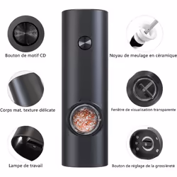 Electric Salt and Pepper Grinder Sets,Pepper Grinder with Base,Small Brush,LED Light,Powered by 4 AAA Batteries,Adjustable Grinding Fineness (Black)