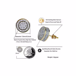 Aretes Para Hombre 14K Gold Plated 925 Sterling Silver Iced out CZ Hypoallergenic Round Screw Back Stud Earrings for Men