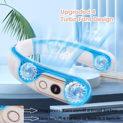 Neck Fan, 4 Turbos Foldable Portable Fan, Bladeless Neck Fan Rechargeable, LED Display, 3 Speeds Adjustment, 360Â¡Ã£Cooling Airflow