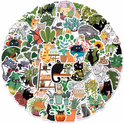 50 PCS Cat and Plant Stickers for Water Bottles,Cute Vinyl Waterproof Laptop Skateboard Stickers Aesthetic Computer Hydroflas ...