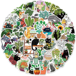 50 PCS Cat and Plant Stickers for Water Bottles,Cute Vinyl Waterproof Laptop Skateboard Stickers Aesthetic Computer Hydroflask Phone Stickers