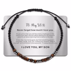 Mum's bracelet for son, morse code bracelet with engraved wallet card, graduation gift for son, adjustable handmade men's bea ...