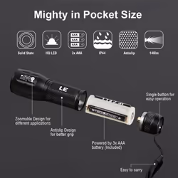 LE Adjustable Focus LED Torch, Super Bright Zoomable Handheld Flashlight, 3 AAA Batteries Included