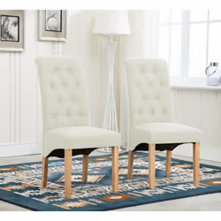 MCC Set of 2 Linen Fabric Dining Chairs Roll Top Scroll High Back For Home & Commercial Restaurants - Cream