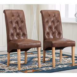 MCC Set of 2 Linen Fabric Dining Chairs Roll Top Scroll High Back For Home & Commercial Restaurants - Brown