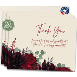 MPC Brands Blank Funeral Thank You Cards - Sympathy Bereavement Thank You Cards With Envelopes - Message Inside (25  Red Floral)