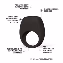 LELO TOR 3 Vibrating Penis Ring Cock Ring App Connected Adult Toy For Man and Woman With 8 Pleasure Settings For Enhanced Sensation, Base Blue - Black