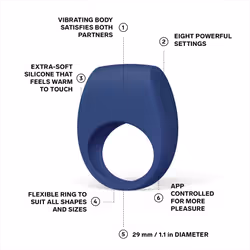 LELO TOR 3 Vibrating Penis Ring Cock Ring App Connected Adult Toy For Man and Woman With 8 Pleasure Settings For Enhanced Sensation, Base - Base Blue