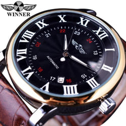WINNER Rome Number Fashion Men Brand Sport Wristwatches Self wind Automatic Mechanical Calendar Leather Watch Clock - black