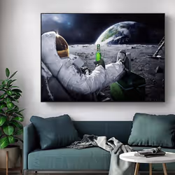 Astronaut Drinking Beer on Moon While Watching Earth Destroy Modern Canvas Painting Posters Prints Living Room Wall Art - multicolor, 50x70cm No Frame