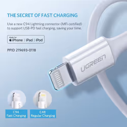 UGREEN USB C to Lightning Cable 1M, [MFi Certified] Apple Lightning Cable 3A Power Delivery PD Fast Charge Compatible with iPad Pro 12.9" iPhone 11/