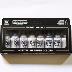 Acrylicos Vallejo Metallic Colors Model Air Paint Set 1/2 Fl. Oz. Bottles 8 Colors
