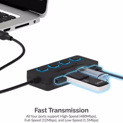 USB Hub 4 Port USB 2.0 Portable Travel USB Docking Station with Individual LED lit Power Switches [Charging NOT Supported] for Mac & PC (HB-UMLS)