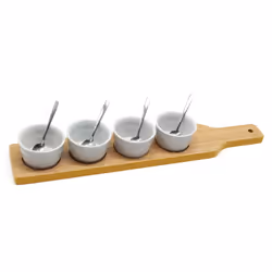 Wooden Paddle Porcelain Dips Bowls Appetizers Tapas Serving Dishes Set
