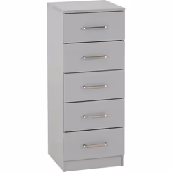 Grey Bedroom Furniture - Bedside Storage Cupboard - 5 Drawer Narrow Chest