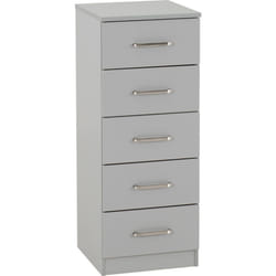 Grey Bedroom Furniture - Bedside Storage Cupboard - 5 Drawer Narrow Chest
