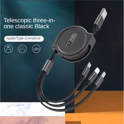 3 In 1 Charging Cable Retractable USB Charge 2.4A Fast Charging Portable Cable Micro Type-C for iPhone - black