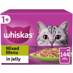 144 x 85g Whiskas 1+ Mixed Menu Adult Wet Cat Food Pouches in Jelly