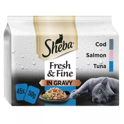 45 x 50g Sheba Fresh & Fine Adult Wet Cat Food Pouches Mixed Fish In Gravy