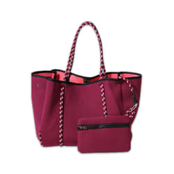 POPUPS Large Neoprene Tote Bag for Women - Everyday Designer Handbag for Travel Work and Beach with Pockets and Zipper Pouch (Berry)