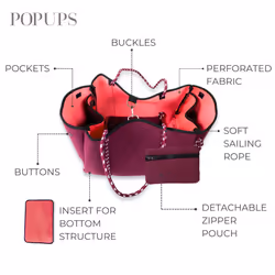 POPUPS Large Neoprene Tote Bag for Women - Everyday Designer Handbag for Travel Work and Beach with Pockets and Zipper Pouch (Berry)