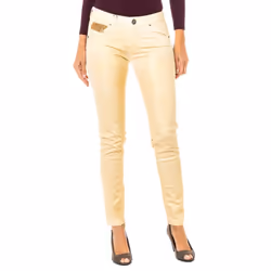 Pantalón Elástico Efecto Brillante Con Bajos Con Corte Pitillo Hwt012 Para Mujer - gold, 32-USA