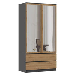 TURIN - 2 door wardrobe with mirror modern bedroom style - 90x50x180 - 2 drawers - Grey & Oak