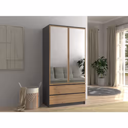 TURIN - 2 door wardrobe with mirror modern bedroom style - 90x50x180 - 2 drawers - Grey & Oak