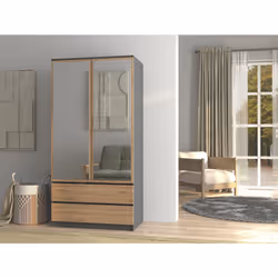 TURIN - 2 door wardrobe with mirror modern bedroom style - 90x50x180 - 2 drawers - Grey & Oak
