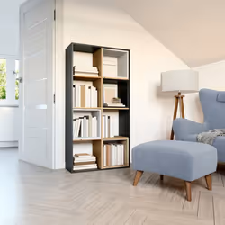 MARION - Modular shelf with 8 cubes - Bookcase with 8 compartments - 147x30x75 cm - Storage unit - Grey & Oak