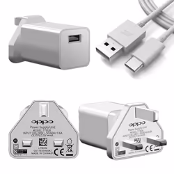 Official OPPO VOOC 20W Fast Rapid 3 Pin UK Charger Plug USB-C Cable - Charger & Cable