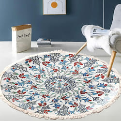 Hand Woven Cotton Round Rug Mandala Pattern Bohemian Vintage Style With Pompoms Machine Washable Bedroom Hallway Living Room Table 60cm Flower
